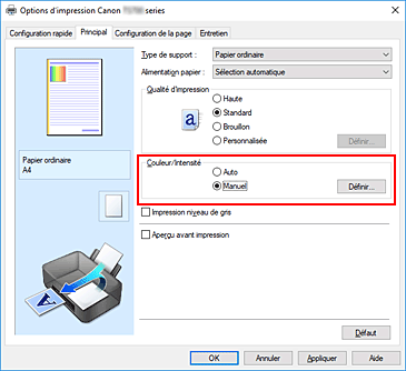 figure : Sélectionnez Manuel pour Couleur/Intensité dans l'onglet Principal.