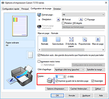 figure : Copies dans l'onglet Configuration de la page