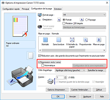 figure : Case à cocher Impression recto/verso dans l'onglet Configuration de la page