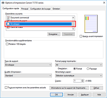 figure : Sélectionnez Enveloppe dans Paramètres courants dans l'onglet Configuration rapide.