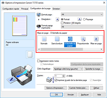 figure : Sélectionnez À l'échelle du papier comme Mise en page dans l'onglet Configuration de la page.