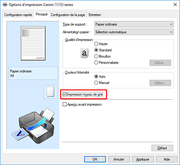 figure : Case à cocher Impression niveau de gris dans l'onglet Principal