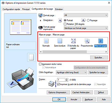 figure : Sélectionnez Mise en page comme Mise en page dans l'onglet Configuration de la page