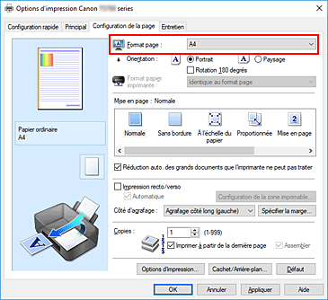 figure : Format page dans l'onglet Configuration de la page