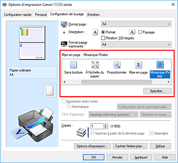 figure : Sélectionnez Mosaïque/Poster comme Mise en page dans l'onglet Configuration de la page.