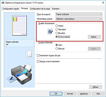 figure : Dans l'onglet Principal, sélectionnez Personnalisée pour Qualité d'impression