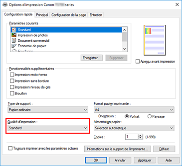 figure : Qualité d'impression dans l'onglet Configuration rapide