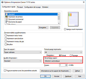 figure : Alimentation papier dans l'onglet Configuration rapide