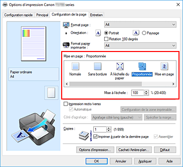 figure : Sélectionnez Proportionnée comme Mise en page dans l'onglet Configuration de la page.