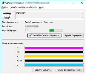 figure : Écran d'état d'imprimante Canon IJ