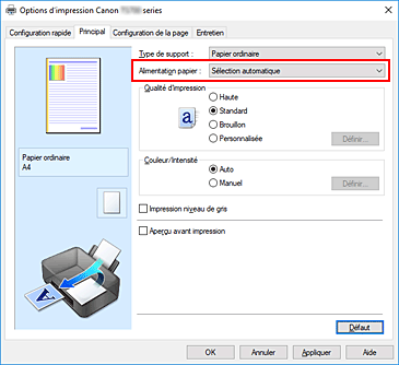 figure : Alimentation papier dans l'onglet Principal