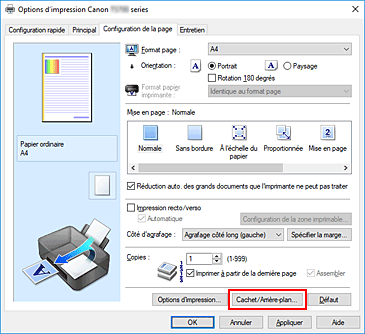 figure : Cachet/Arrière-plan... dans l'onglet Configuration de la page