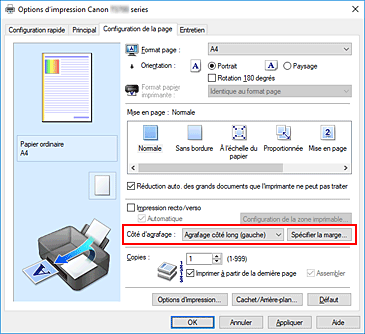 figure : Côté d'agrafage dans l'onglet Configuration de la page