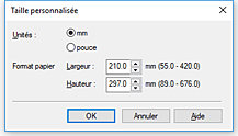 figure : Boîte de dialogue Taille personnalisée