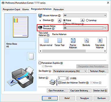 gambar: Ukuran Kertas Pencetak pada tab Pengesetan Halaman