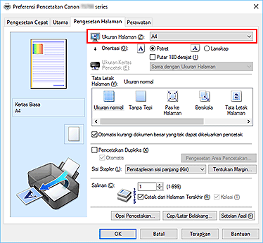 gambar: Ukuran Halaman pada tab Pengesetan Halaman