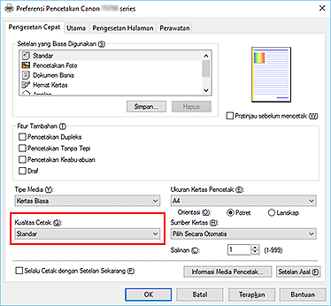 gambar: Kualitas Cetak pada tab Pengesetan Cepat