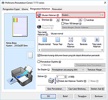 gambar: Pilih Kustom untuk Ukuran Halaman pada tab Pengesetan Halaman