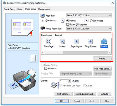 figura: Selezione di Opuscolo per Layout di pagina nella scheda Imposta pagina