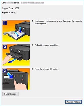 attēls: Canon IJ statusa pārrauga kļūdas rādījums