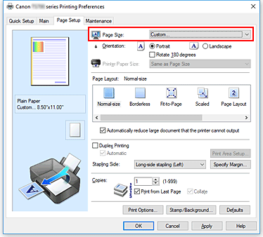 figura:Selectarea Custom pentru Page Size din fila Page Setup