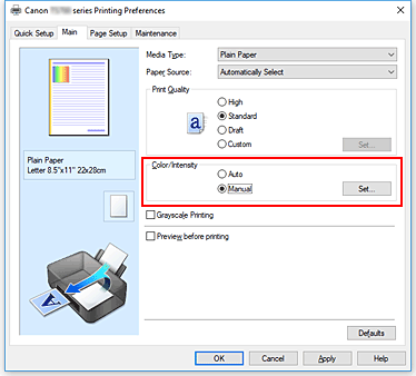 şekil: Ana sekmesinde Renk/Yoğunluk için El İle seçeneğini belirleyin