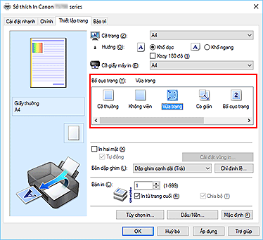 hình: Chọn Vừa trang cho Bố cục trang trên tab Thiết lập trang