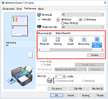 hình: Chọn Ghép ô/Áp phích cho Bố cục trang trên tab Thiết lập trang
