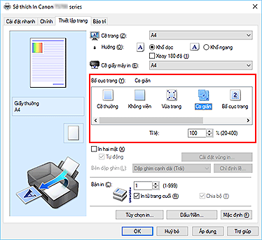 hình: Chọn Co giãn cho Bố cục trang trên tab Thiết lập trang