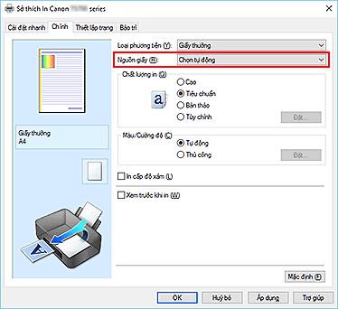 hình: Nguồn giấy trên tab Chính