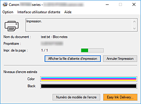 figure : Écran d'état d'imprimante Canon IJ