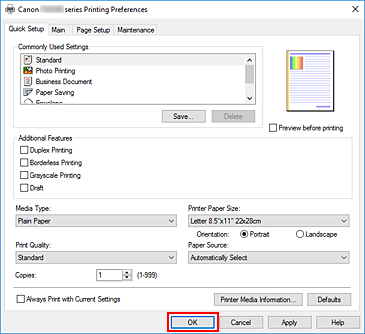 slika: možnost OK na kartici Quick Setup