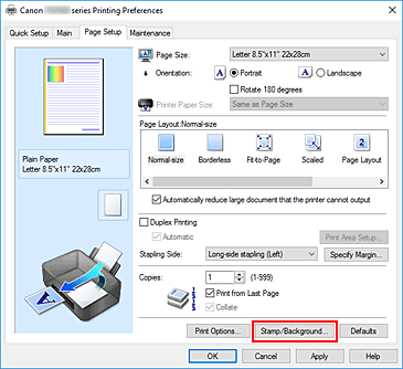 фигура: &bdquo;Stamp/Background...&rdquo; в раздела &bdquo;Page Setup&rdquo;