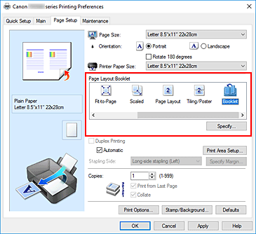 figure:Select Booklet for Page Layout on the Page Setup tab