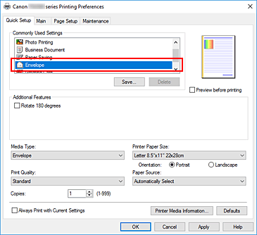 figure:Select Envelope from Commonly Used Settings on the Quick Setup tab