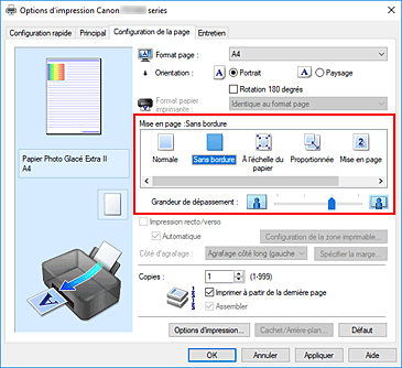 figure : Sélectionnez Sans bordure comme Mise en page dans l'onglet Configuration de la page.