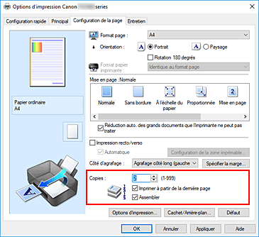 figure : Copies dans l'onglet Configuration de la page