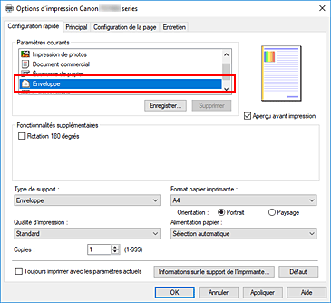 figure : Sélectionnez Enveloppe dans Paramètres courants dans l'onglet Configuration rapide.