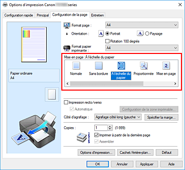 figure : Sélectionnez À l'échelle du papier comme Mise en page dans l'onglet Configuration de la page.