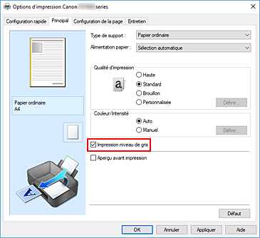 figure : Case à cocher Impression niveau de gris dans l'onglet Principal