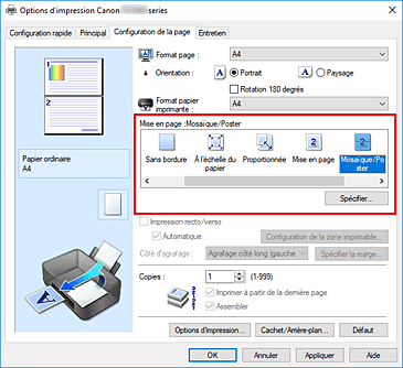 figure : Sélectionnez Mosaïque/Poster comme Mise en page dans l'onglet Configuration de la page.