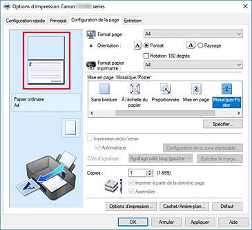 figure : Affichage de l'aperçu des paramètres dans l'onglet Configuration de la page