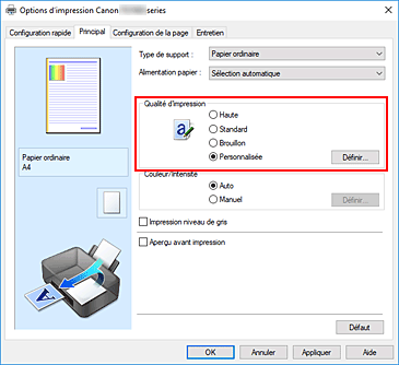 figure : Dans l'onglet Principal, sélectionnez Personnalisée pour Qualité d'impression