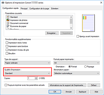 figure : Qualité d'impression dans l'onglet Configuration rapide