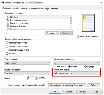 figure : Alimentation papier dans l'onglet Configuration rapide