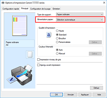 figure : Alimentation papier dans l'onglet Principal
