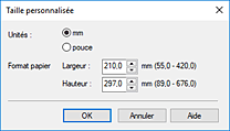 figure : Boîte de dialogue Taille personnalisée