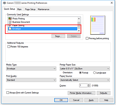 Imagen: selección de Sobre en Configuraciones más utilizadas de la ficha Configuración rápida