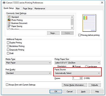 Imagen: Fuente de papel de la ficha Configuración rápida