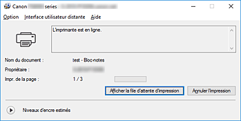 figure : Écran d'état d'imprimante Canon IJ